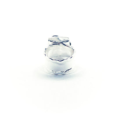 back side view of size 7.5 Sterling Silver Half Platter Ring with 14k and Blue Green Tourmaline by Judie Raiford