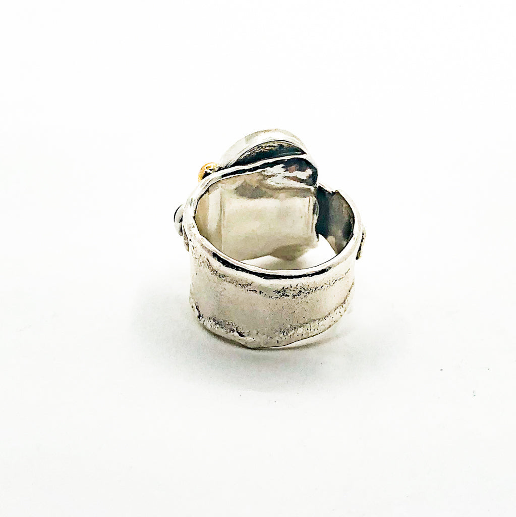 Sterling, 22k, 14k Opal Triplet Crotch Hugger Ring with Deckled Edge