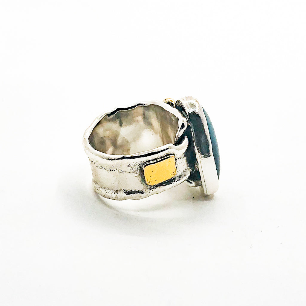 Sterling, 22k, 14k Opal Triplet Crotch Hugger Ring with Deckled Edge