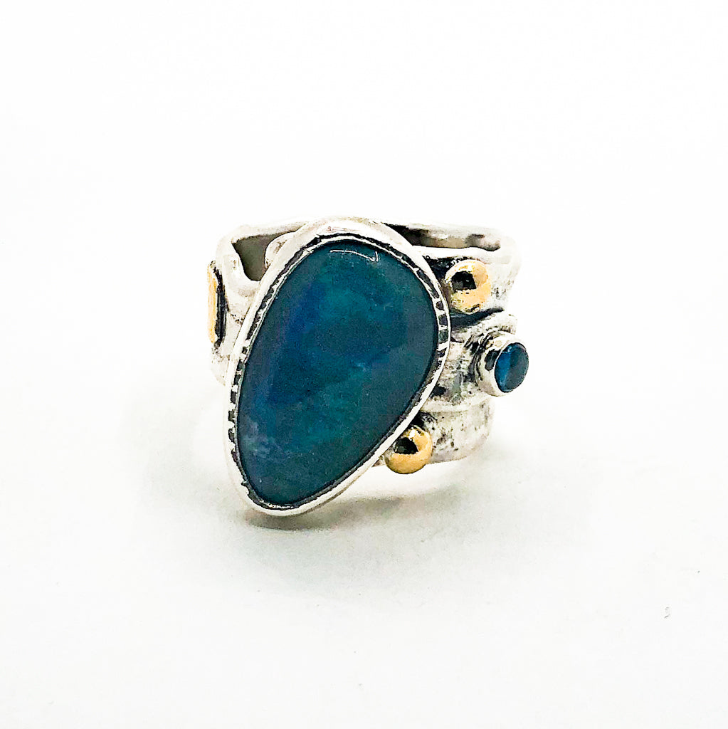 Sterling, 22k, 14k Opal Triplet Crotch Hugger Ring with Deckled Edge