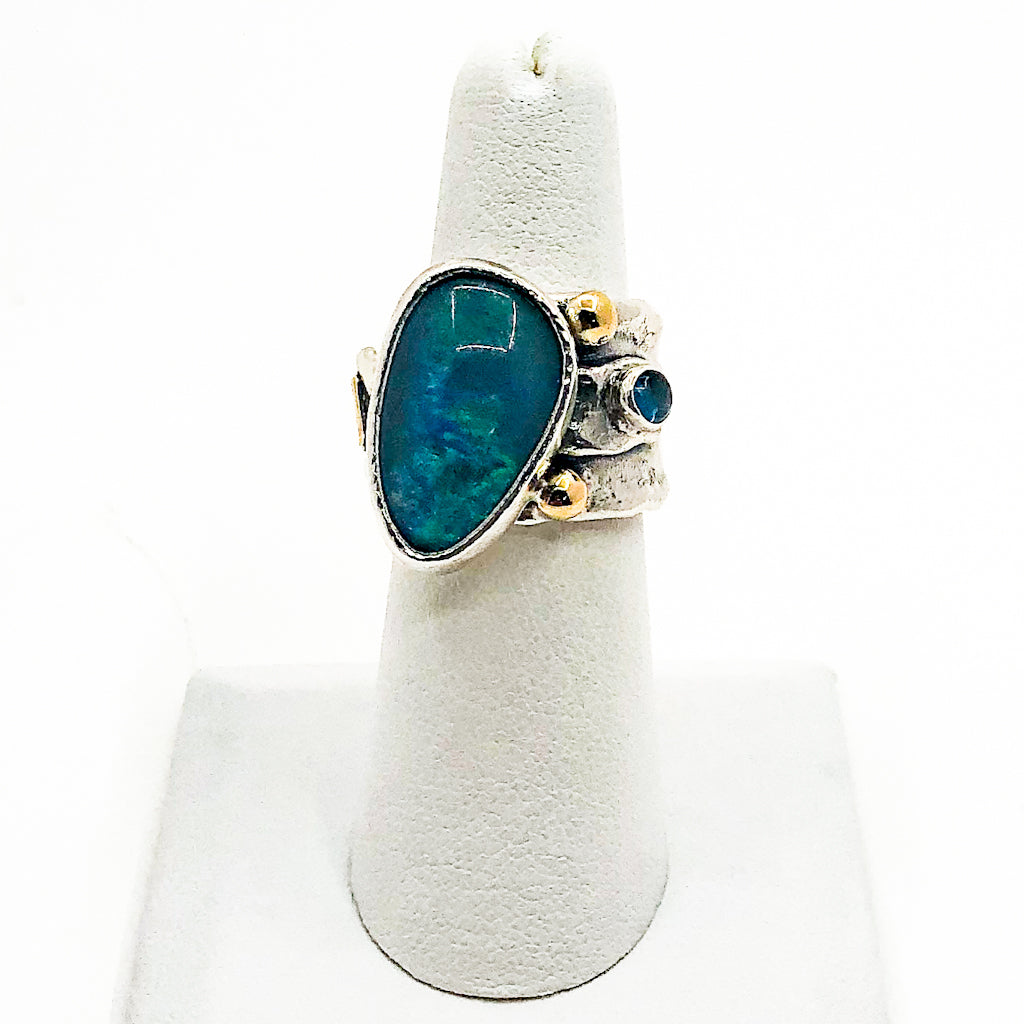 Sterling, 22k, 14k Opal Triplet Crotch Hugger Ring with Deckled Edge