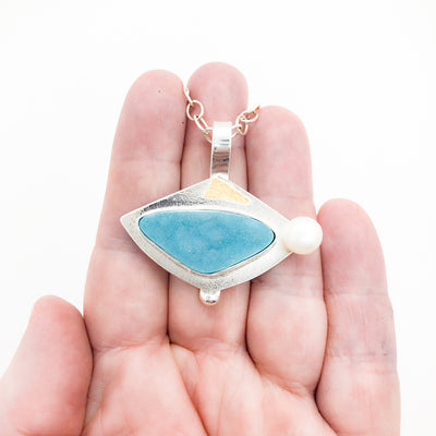 Sterling and 24k Blue Druzy Chrysachola with Pearl Necklace