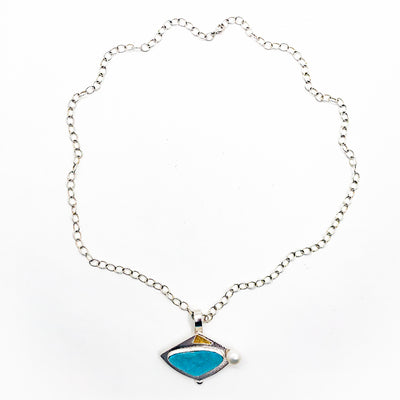 Sterling and 24k Blue Druzy Chrysachola with Pearl Necklace