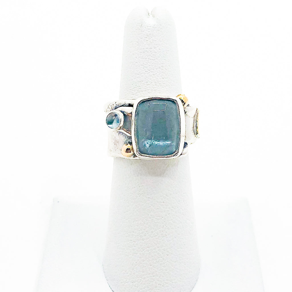 Sterling, 22k, 14k  Smokey Blue Tourmaline Crotch Hugger Ring with Deckled Edge