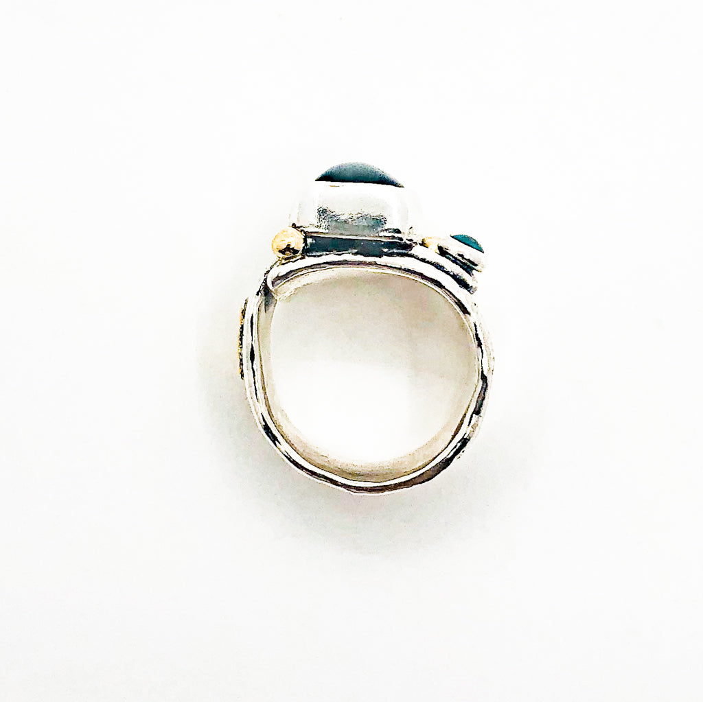 Sterling, 22k, 14k  Smokey Blue Tourmaline Crotch Hugger Ring with Deckled Edge