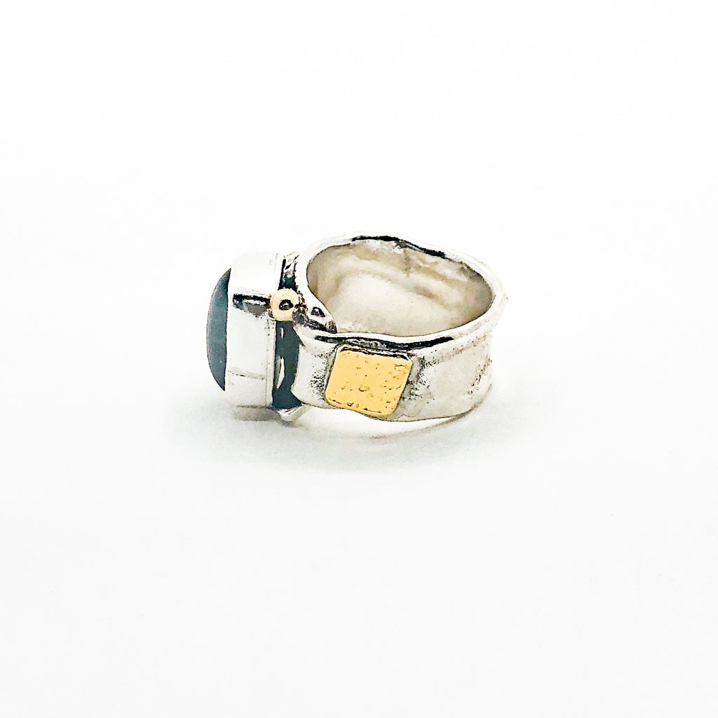 Sterling, 22k, 14k  Smokey Blue Tourmaline Crotch Hugger Ring with Deckled Edge