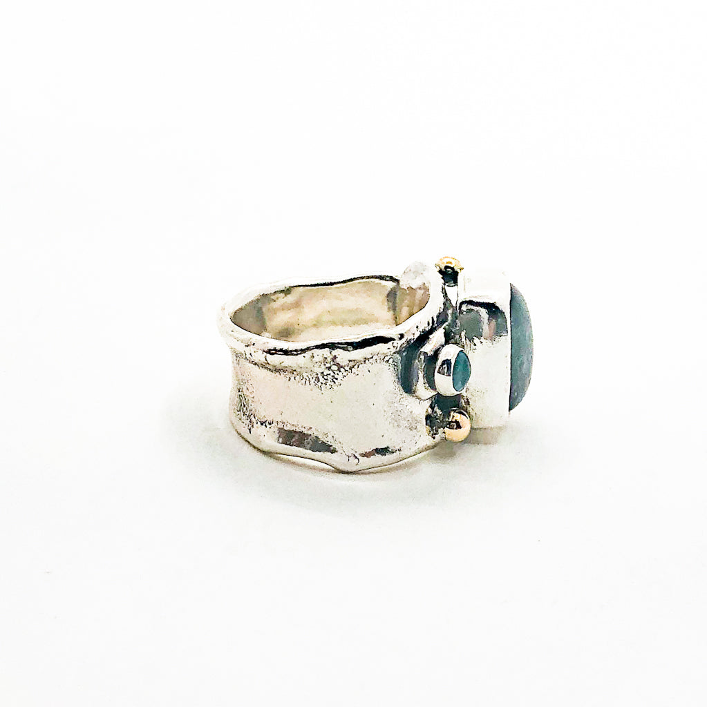 Sterling, 22k, 14k  Smokey Blue Tourmaline Crotch Hugger Ring with Deckled Edge