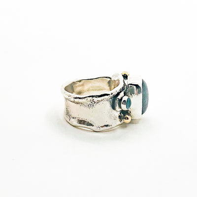 Sterling, 22k, 14k  Smokey Blue Tourmaline Crotch Hugger Ring with Deckled Edge