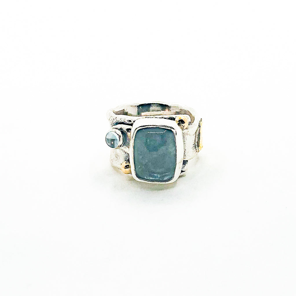 Sterling, 22k, 14k  Smokey Blue Tourmaline Crotch Hugger Ring with Deckled Edge
