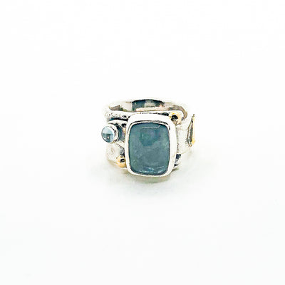 Sterling, 22k, 14k  Smokey Blue Tourmaline Crotch Hugger Ring with Deckled Edge
