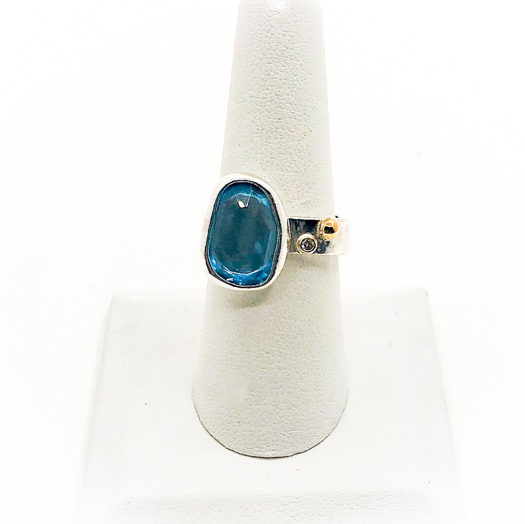 Sterling & 14k Square Ring with Rose Cut Blue Topaz and Diamond