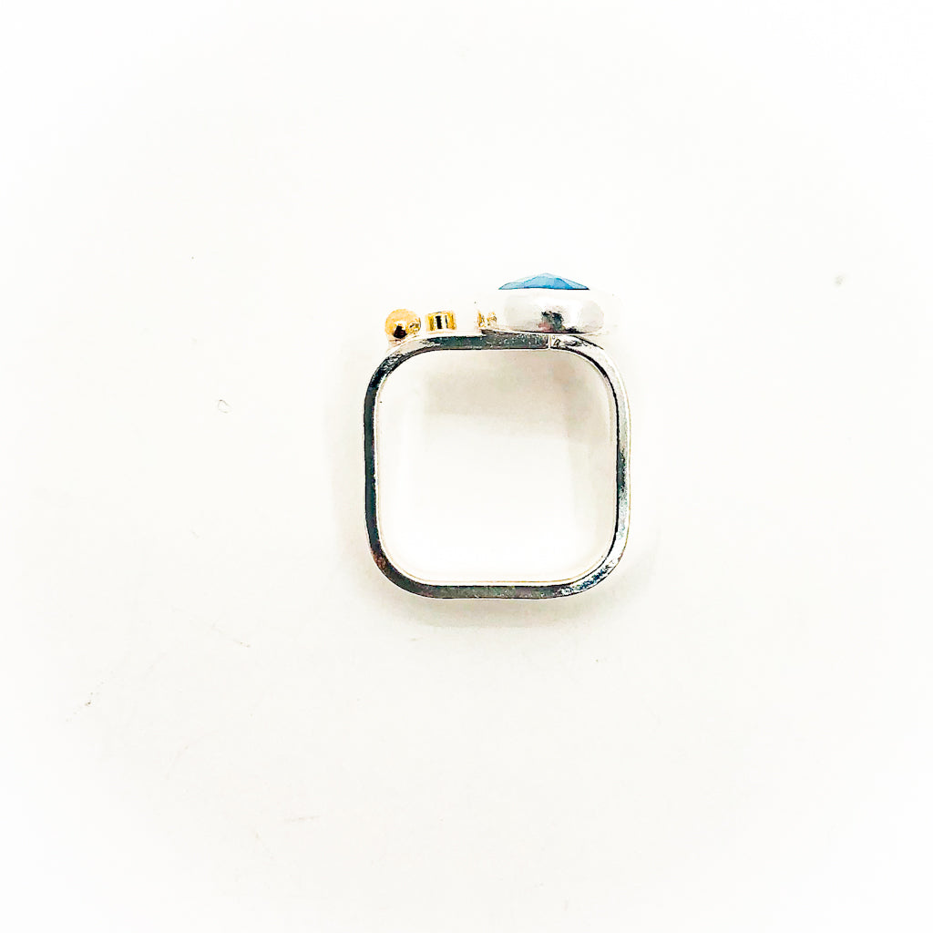 Sterling & 14k Square Ring with Rose Cut Blue Topaz and Diamond