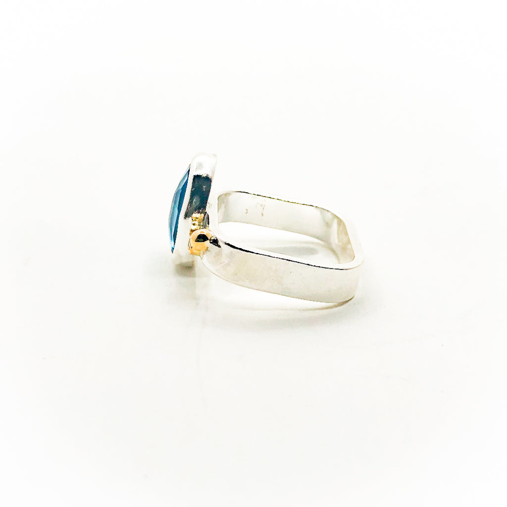 Sterling & 14k Square Ring with Rose Cut Blue Topaz and Diamond