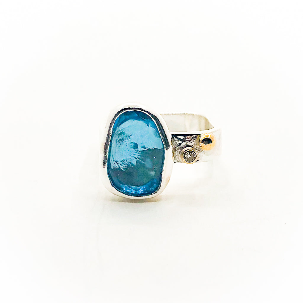 Sterling & 14k Square Ring with Rose Cut Blue Topaz and Diamond