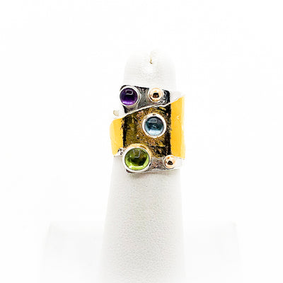 Sterling, 24k, and 14k Crotch Hugger Ring with Blue Topaz, Peridot, and Amethyst