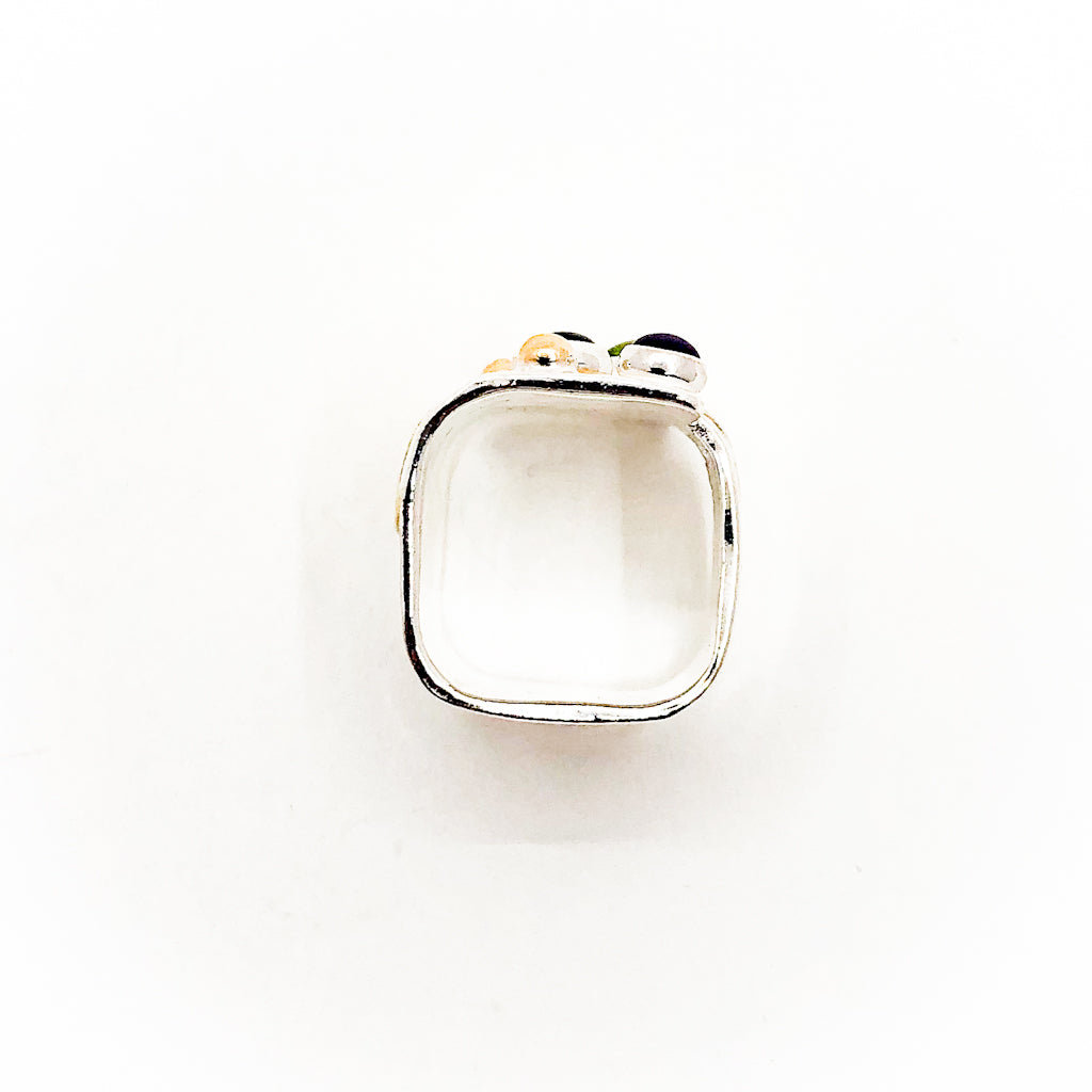 Sterling, 24k, and 14k Crotch Hugger Ring with Blue Topaz, Peridot, and Amethyst