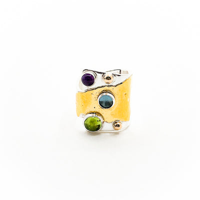 Sterling, 24k, and 14k Crotch Hugger Ring with Blue Topaz, Peridot, and Amethyst