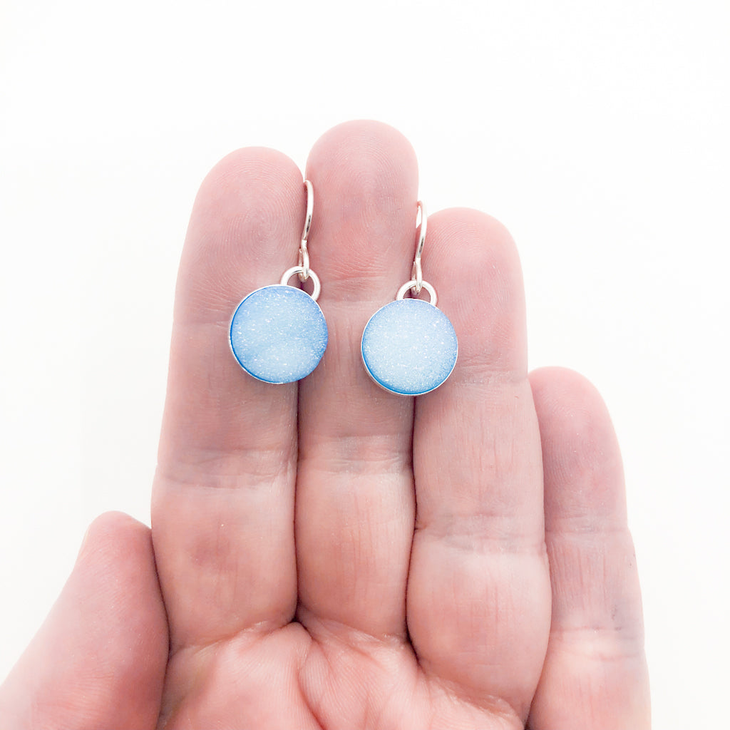 Sterling Round Aqua Blue Druzy Earrings