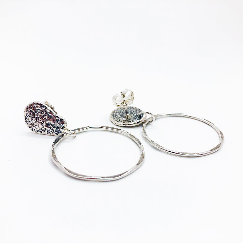 Large Oxidated Sterling Smashed Top Hoop Earrings