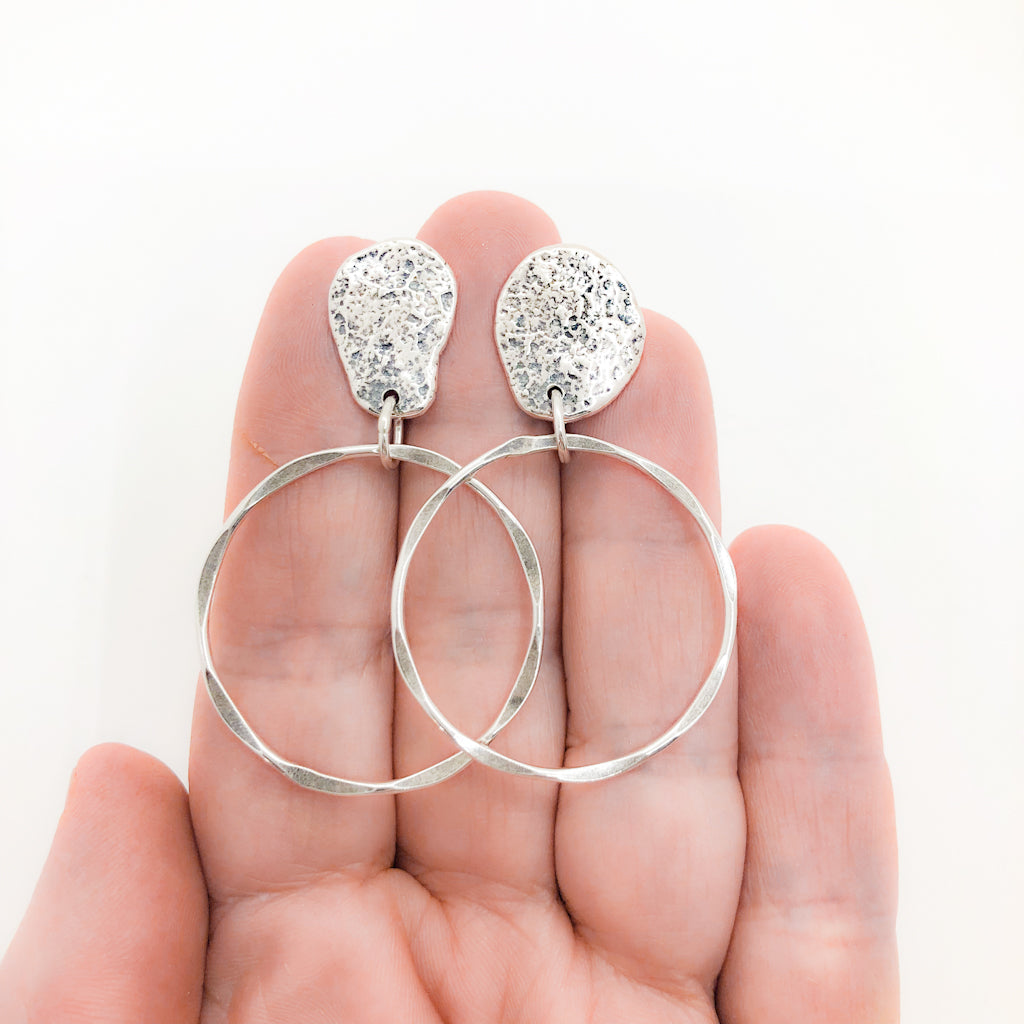 Large Oxidated Sterling Smashed Top Hoop Earrings