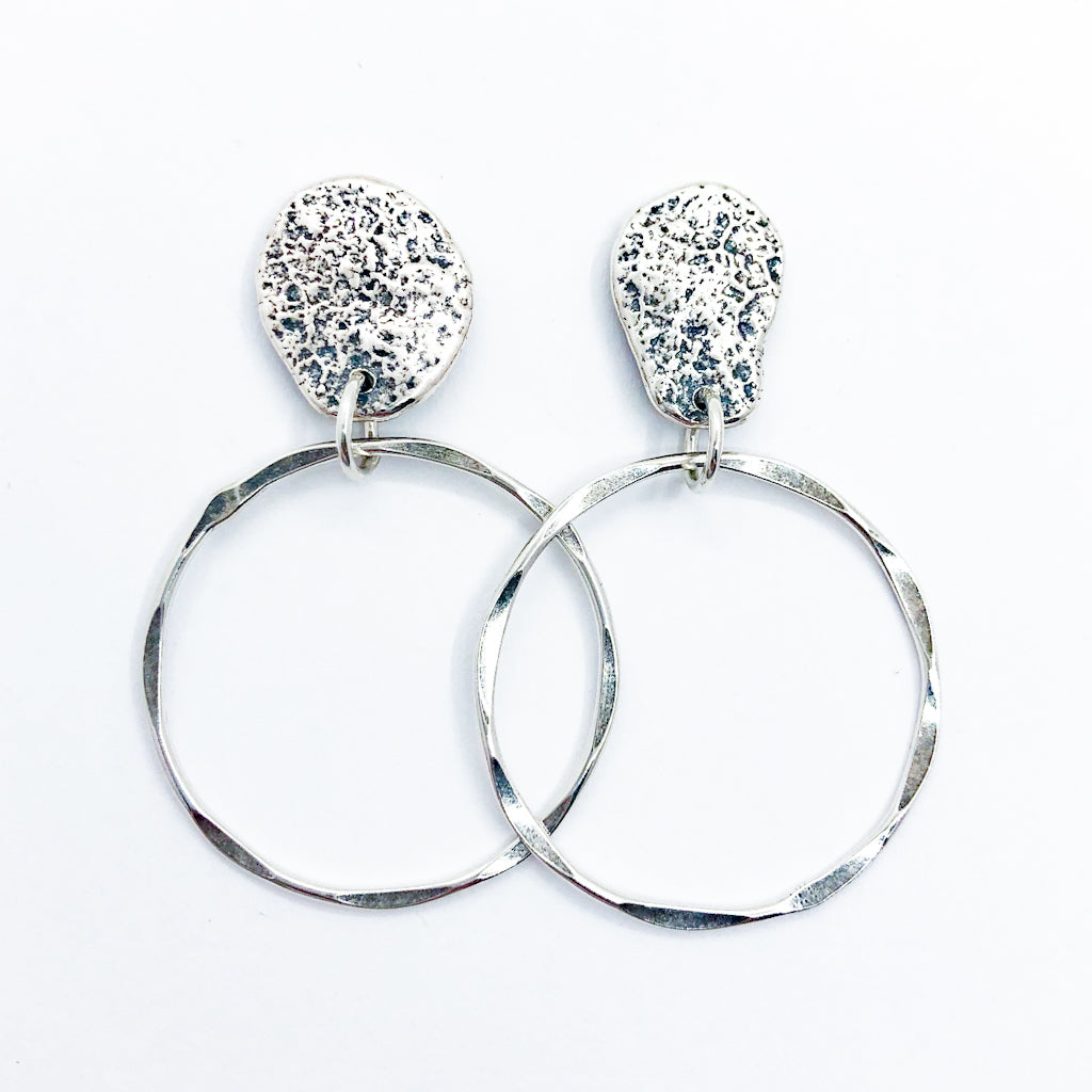 Large Oxidated Sterling Smashed Top Hoop Earrings