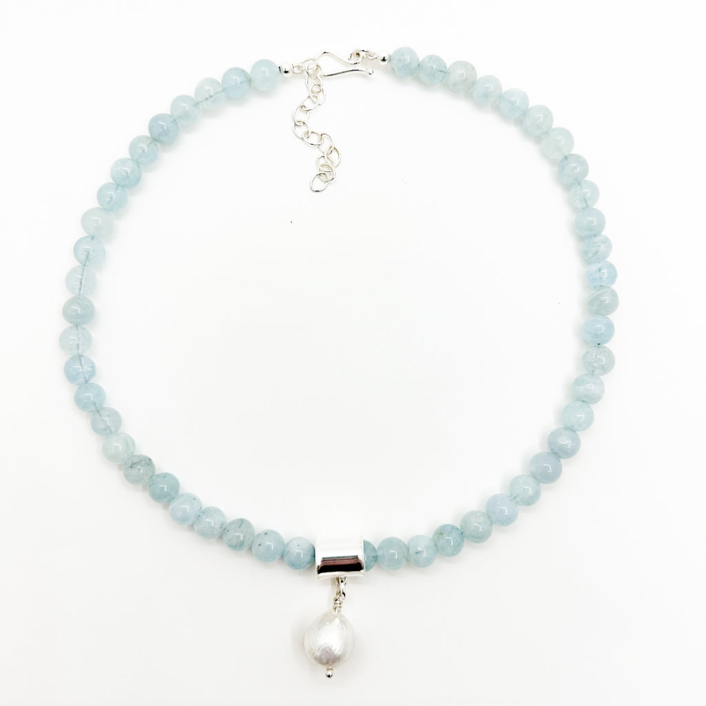 Aquamarine Necklace with White Pearl