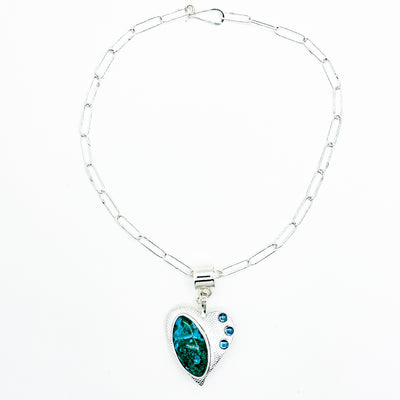 Sterling Azurite Malachite Heart with London Blue Topaz Necklace on Handmade Chain