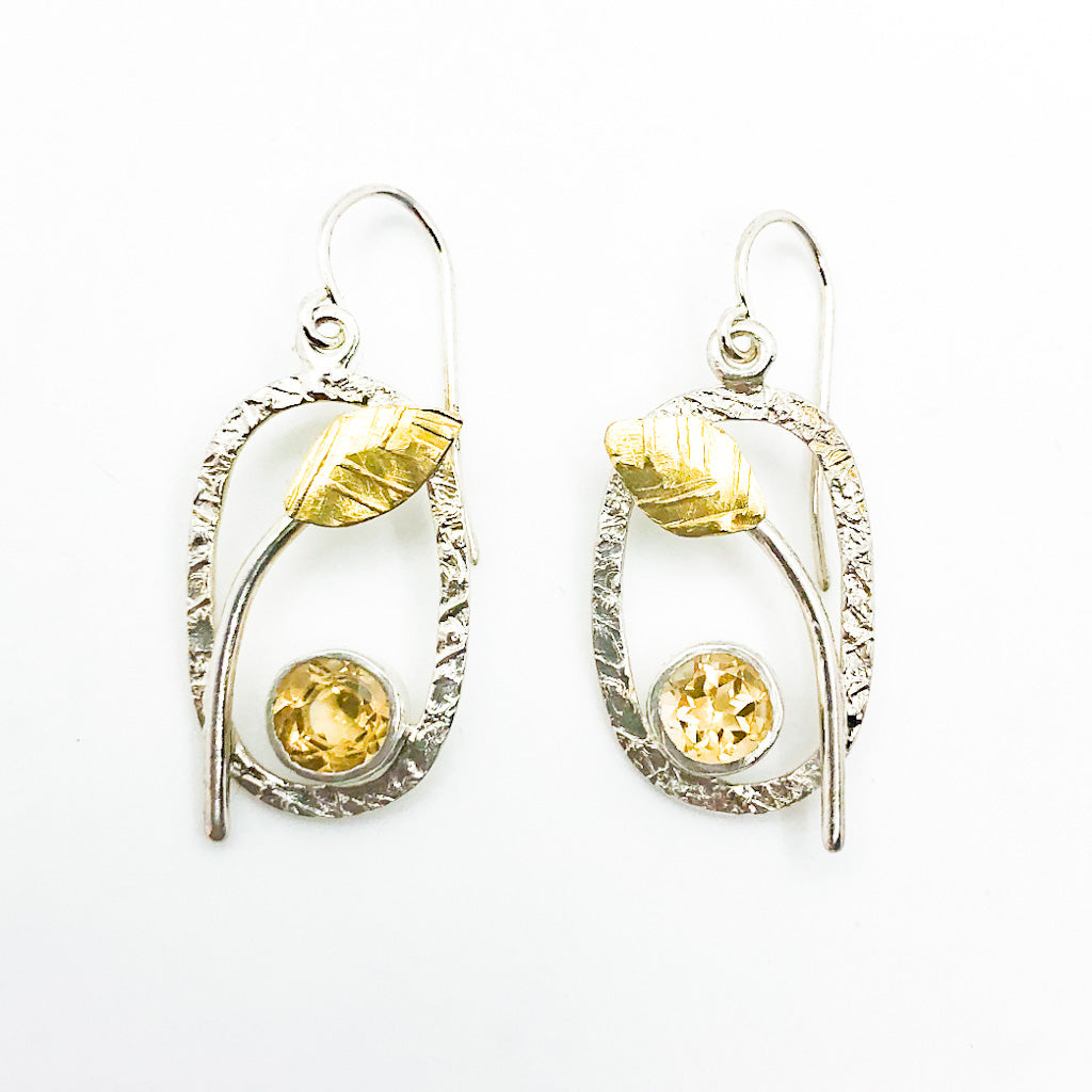 Sterling and 22k Citrine Small Oval Leaf Hook Earrings by Donna Burdic