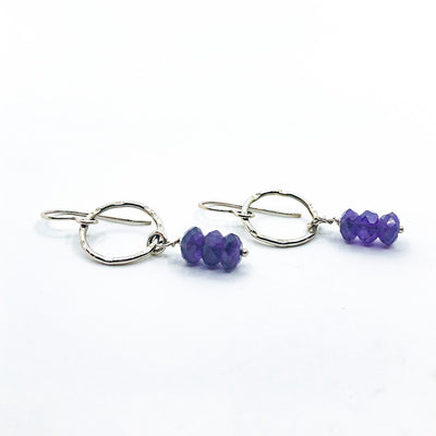 side angle view of Sterling Circle Drop Earrings with Amethyst by Berlin Randall