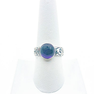 size 9 Oxidized Sterling Princess Ring with Amethyst by Berlin Randall on white ring display stand