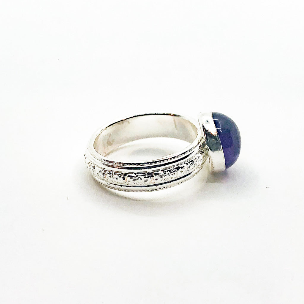 right side view of size 6.5 Sterling Princess Ring with Amethyst by Berlin Randall