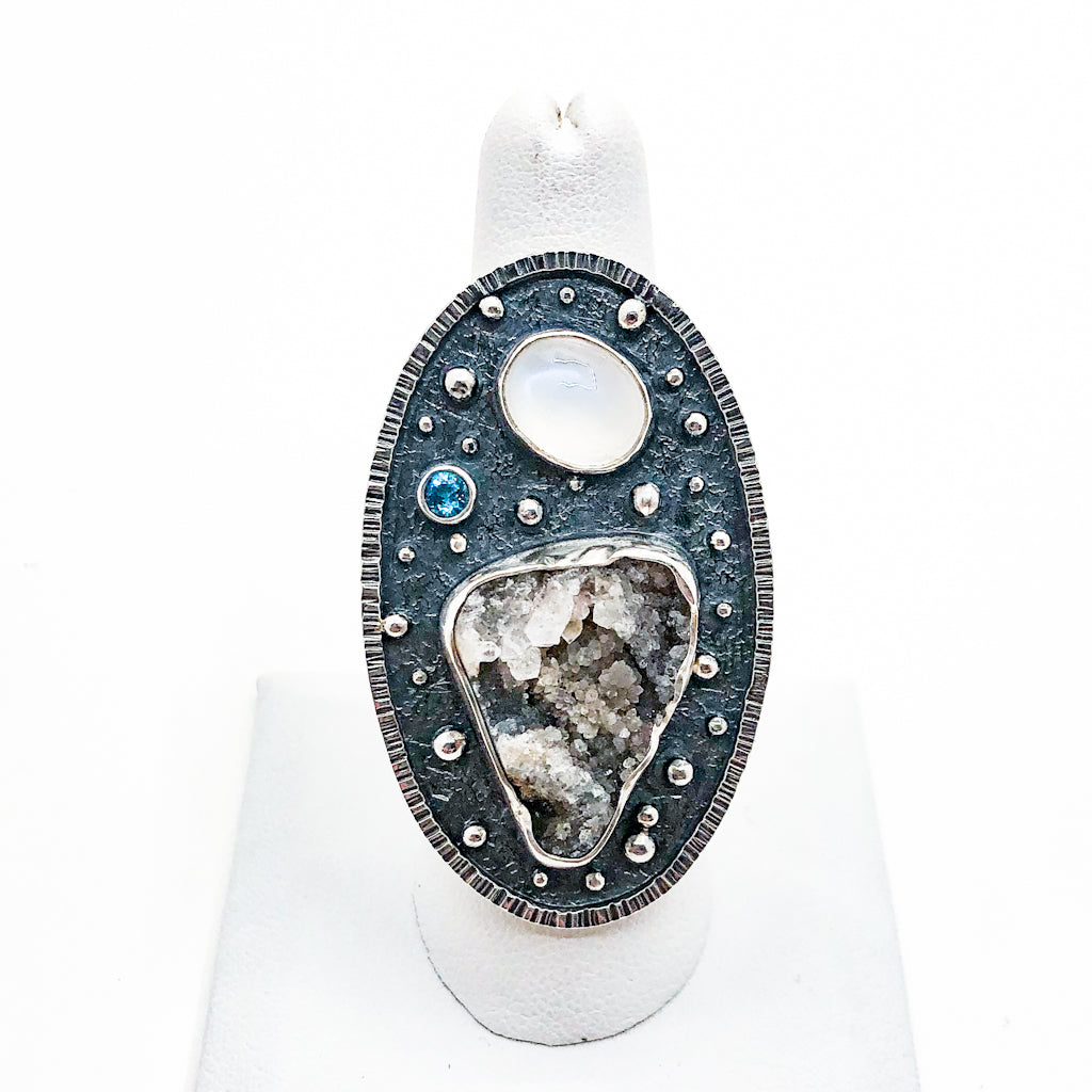 Sterling Concho Druzy with Moonstone and Topaz Ring