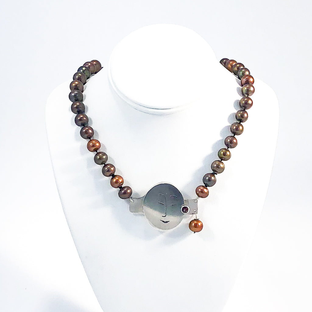 Sunstone Necklace with Bronze Pearls and Unmentionables Clasp by Ling-Yen Jones displayed on white mannequin bust