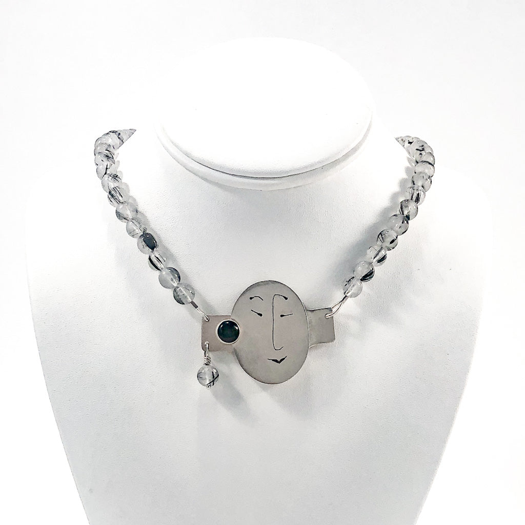 Sterling Unmentionables Necklace with Onyx and Rutilated Quartz Tourmaline by Ling-Yen Jones on white mannequin display bust