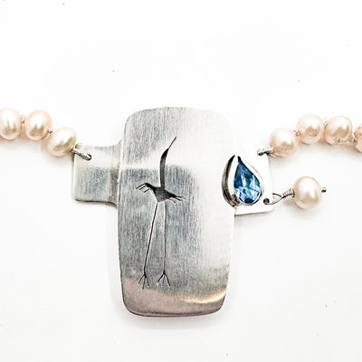 Sterling Crane Necklace with Champagne Pearls and Swiss Blue Topaz