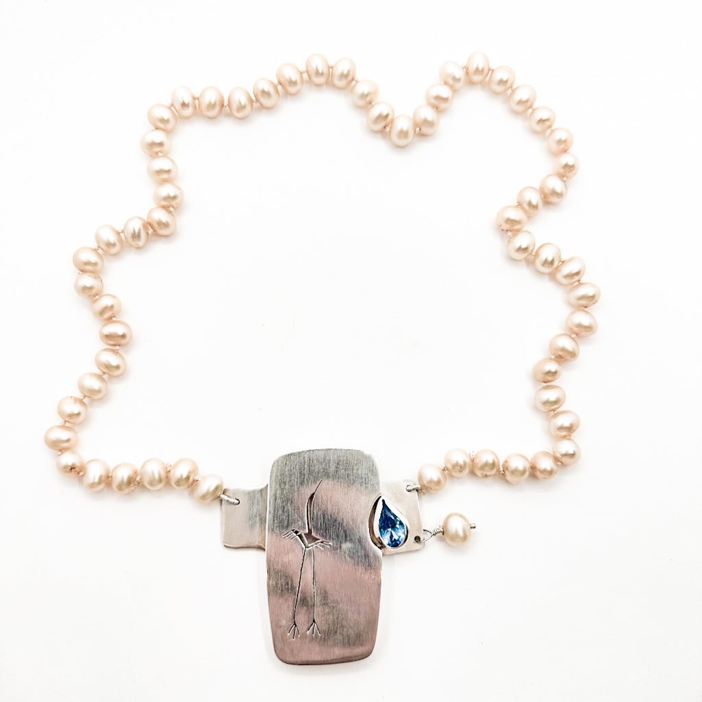 Sterling Crane Necklace with Champagne Pearls and Swiss Blue Topaz