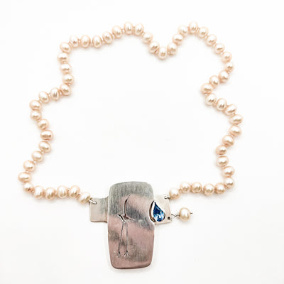 Sterling Crane Necklace with Champagne Pearls and Swiss Blue Topaz