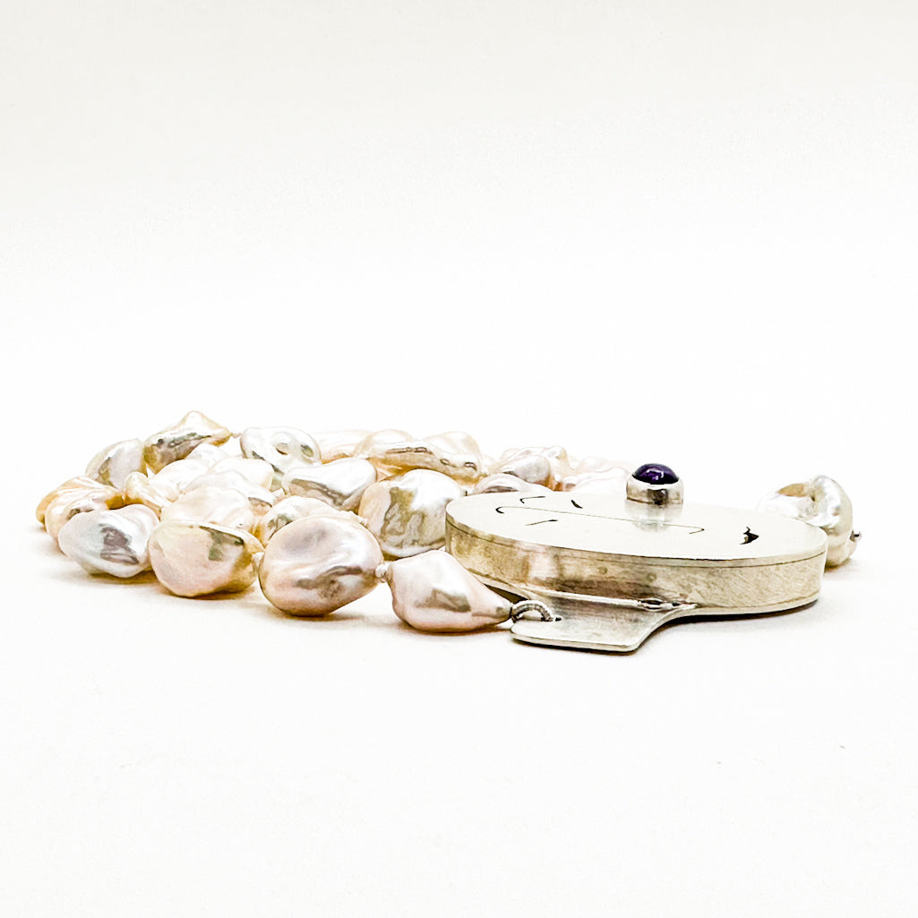 Unmentionables Necklace with Off White Baroque Pearls and Amethyst