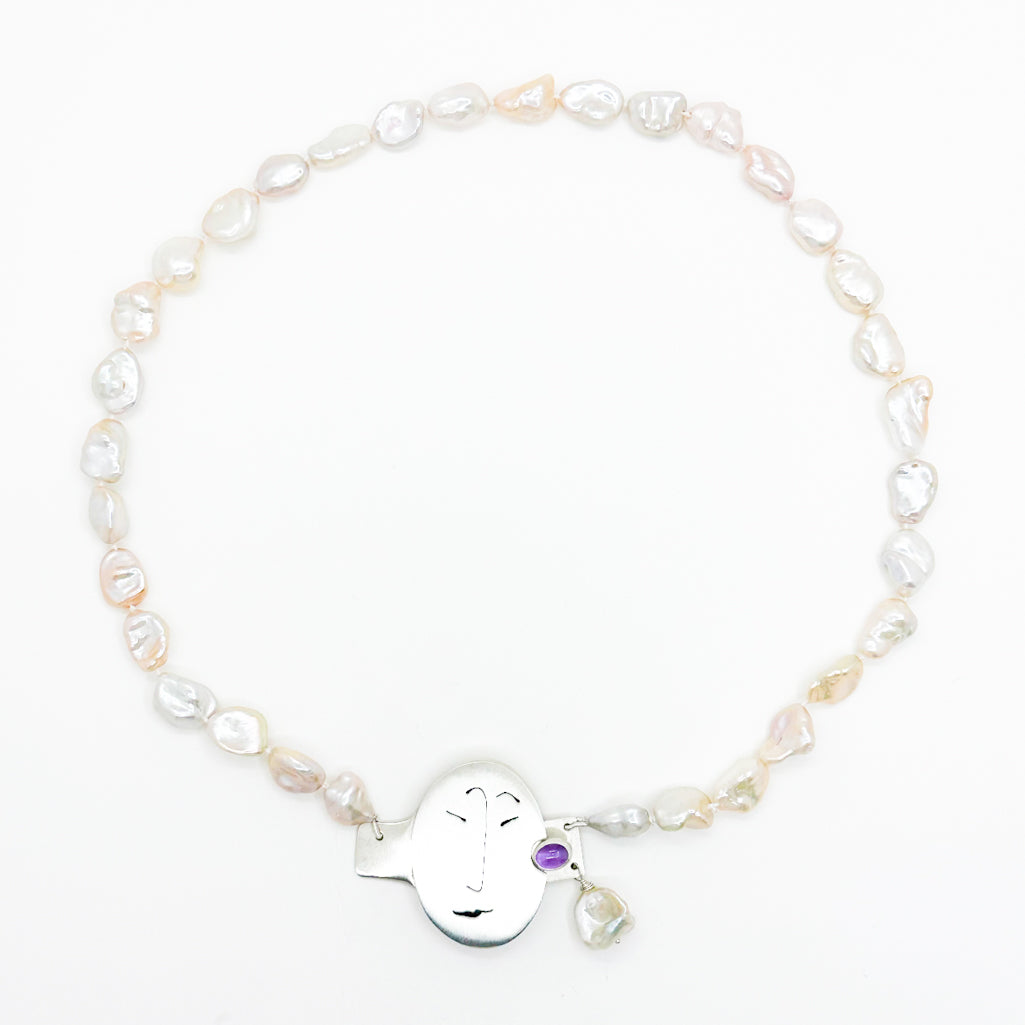 Unmentionables Necklace with Off White Baroque Pearls and Amethyst