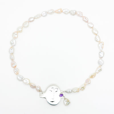 Unmentionables Necklace with Off White Baroque Pearls and Amethyst