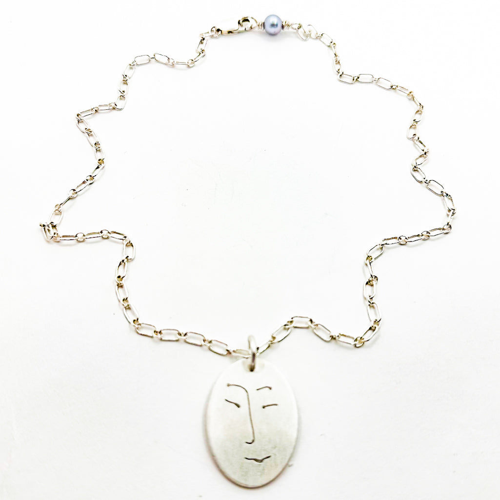 Sterling Large Face Necklace with Blue/Gray Pearl