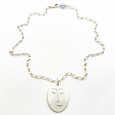 Sterling Large Face Necklace with Blue/Gray Pearl
