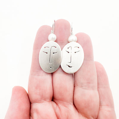 Medium Sterling Face and White Pearl Earrings