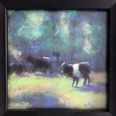 detail view of pastel painting Black & White Cattle in black frame by Wanda Cox