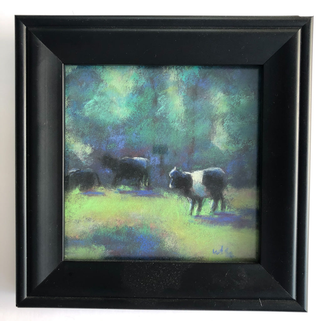 pastel painting Black & White Cattle in black frame by Wanda Cox