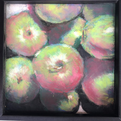 detail view of pastel painting Apples in black wooden frame by Wanda Cox