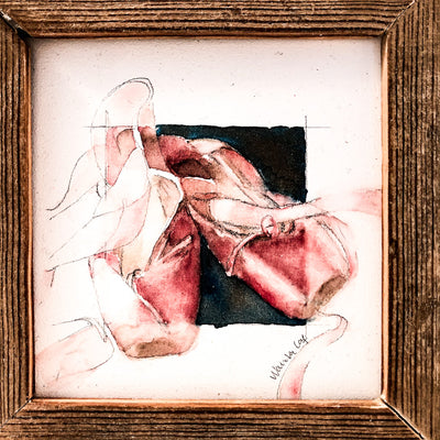 detail view of watercolor painting Toes in rustic frame by Wanda Cox
