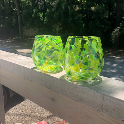 pair of Spring Green Wine Tumblers by Nate Nardi on deck rail in outdoor setting