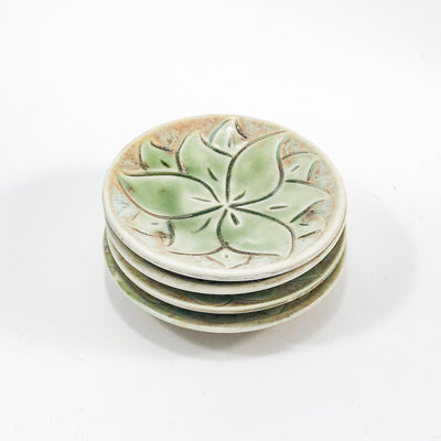 top angle view of Set of 4 Oil Dipper Dishes with Green Glaze by Wendy Wrenn Werstlein