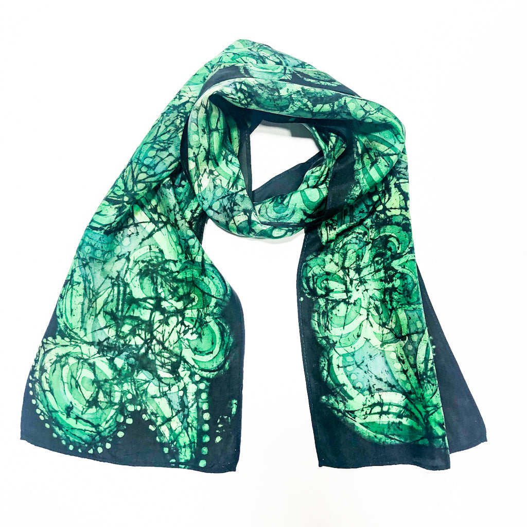 Green Black Batik Silk Scarf - Main Image